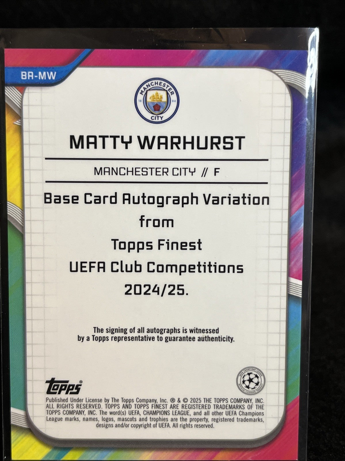 Matty Warhurst RC Auto /150 *Man City* 2024-25 Topps Finest UEFA #BA-MW