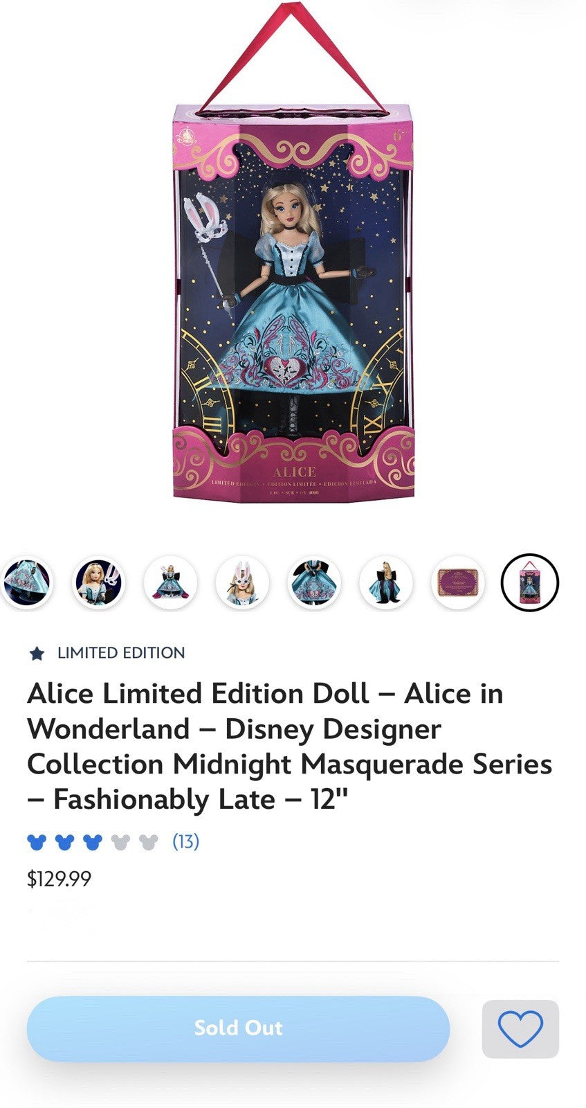 Alice Limited Edition Doll  Disney Designer Midnight Masquerade Series LE /4000