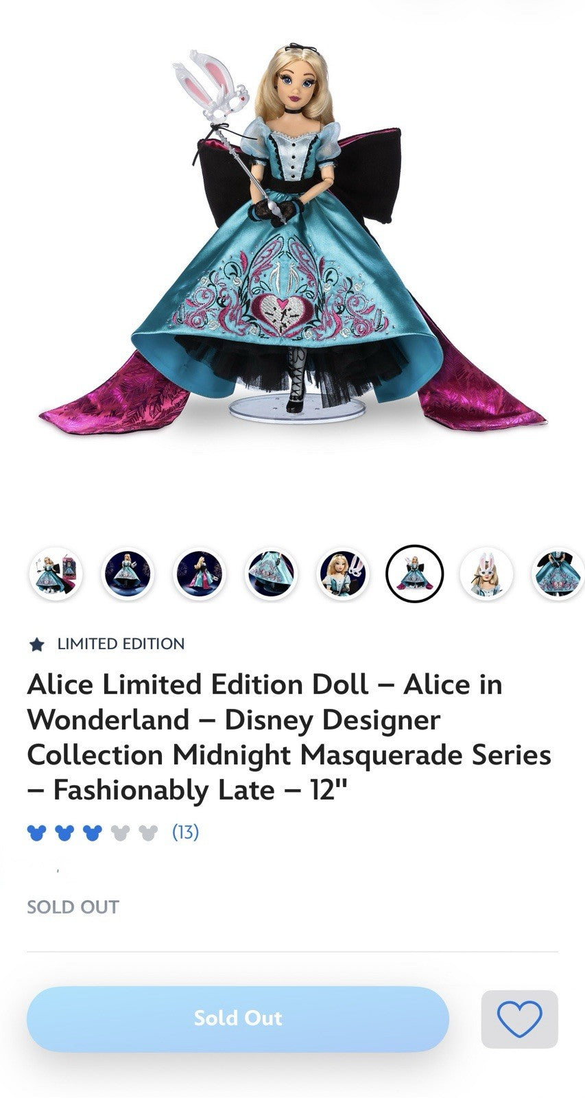 Alice Limited Edition Doll  Disney Designer Midnight Masquerade Series LE /4000