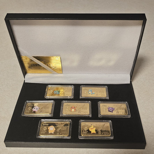 Pokemon 7 Pieces Gold Dollar 1oz Bullion Bar Set (Gold Plated) with Case