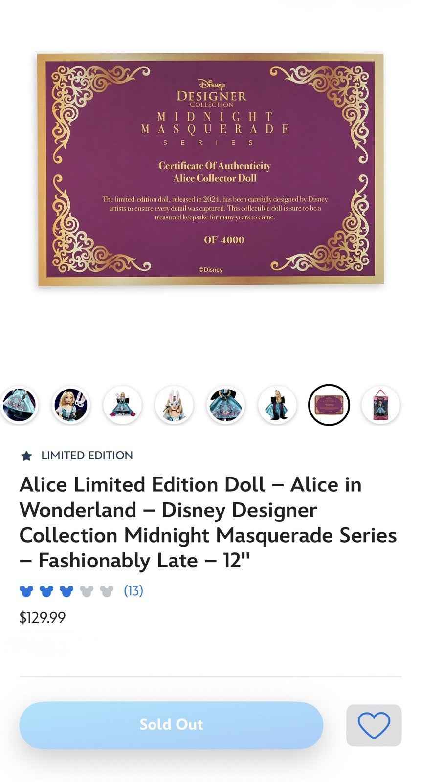 Alice Limited Edition Doll  Disney Designer Midnight Masquerade Series LE /4000