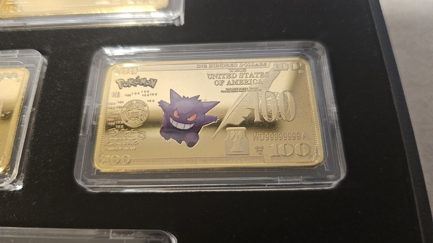 Pokemon 7 Pieces Gold Dollar 1oz Bullion Bar Set (Gold Plated) with Case