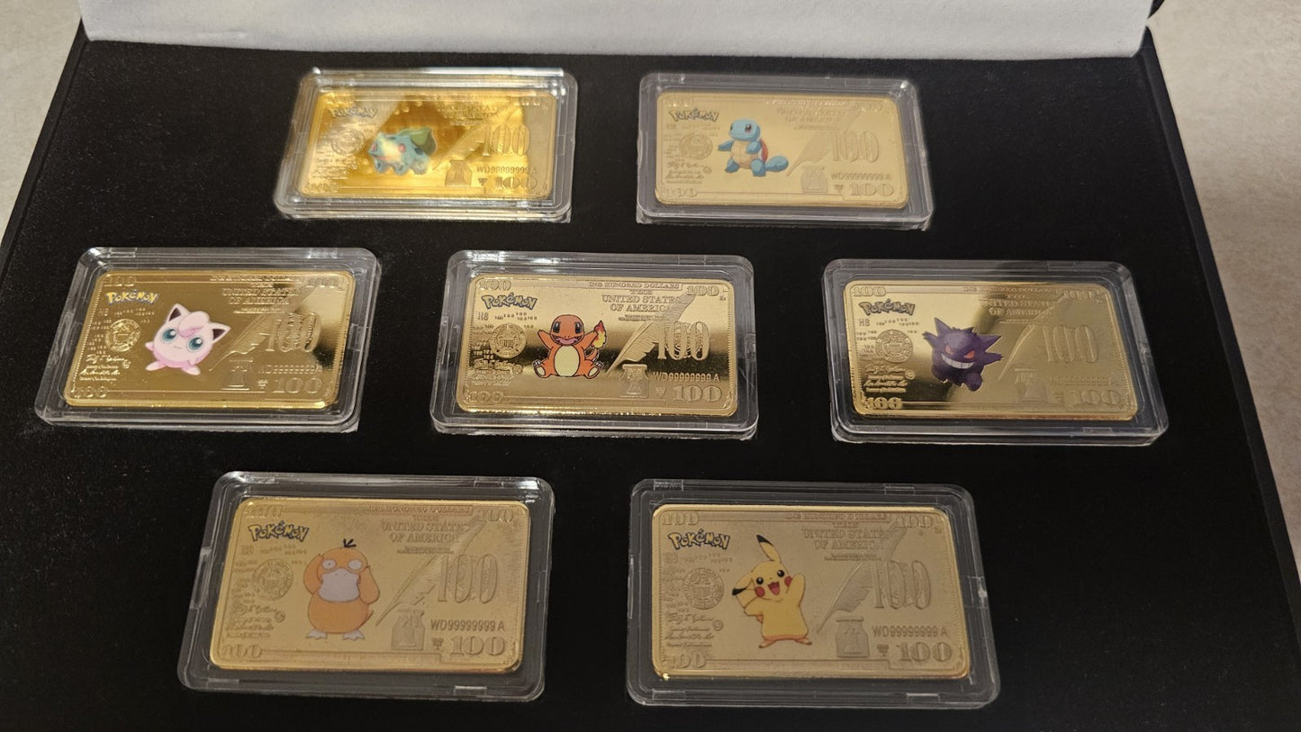 Pokemon 7 Pieces Gold Dollar 1oz Bullion Bar Set (Gold Plated) with Case