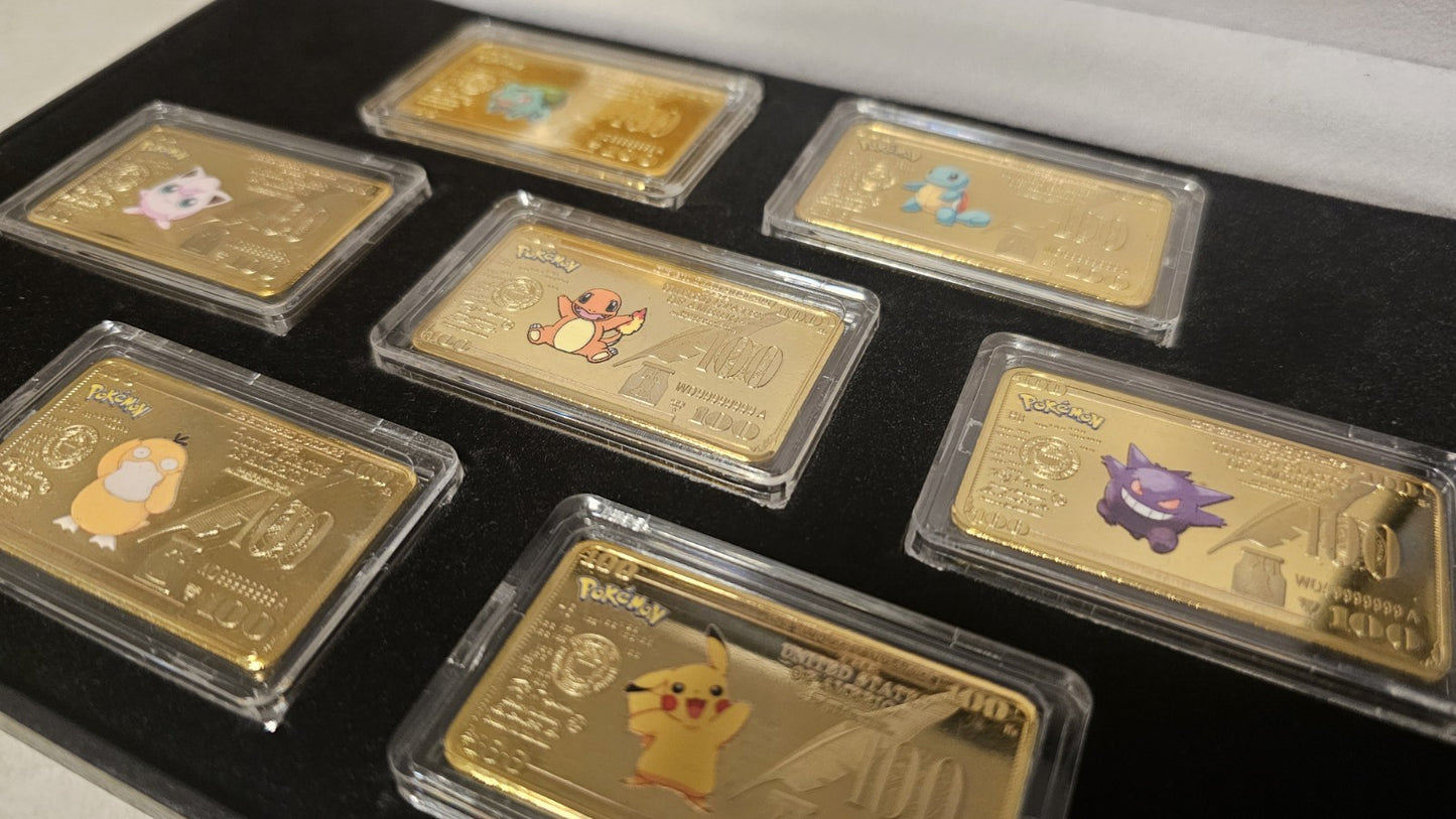 Pokemon 7 Pieces Gold Dollar 1oz Bullion Bar Set (Gold Plated) with Case