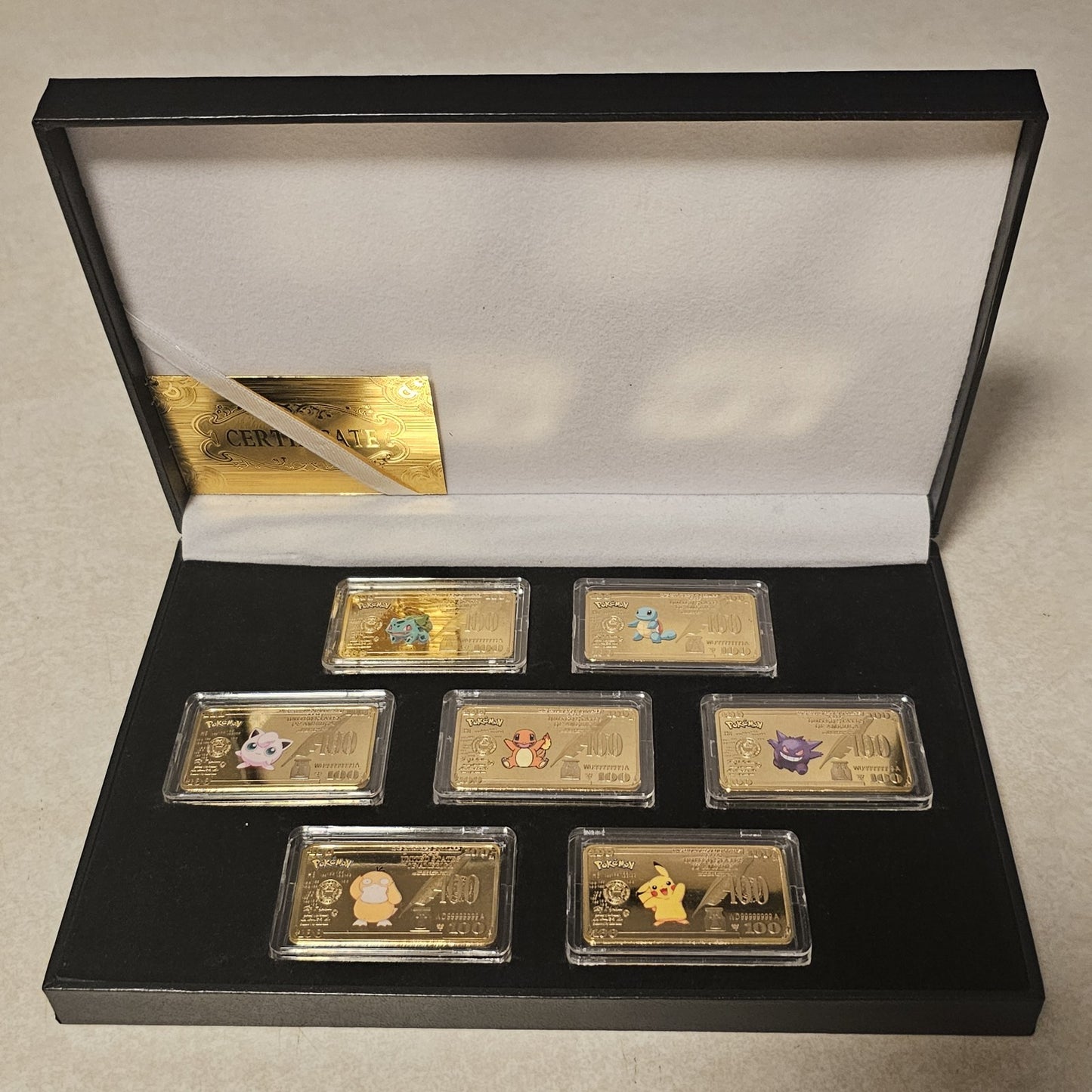Pokemon 7 Pieces Gold Dollar 1oz Bullion Bar Set (Gold Plated) with Case
