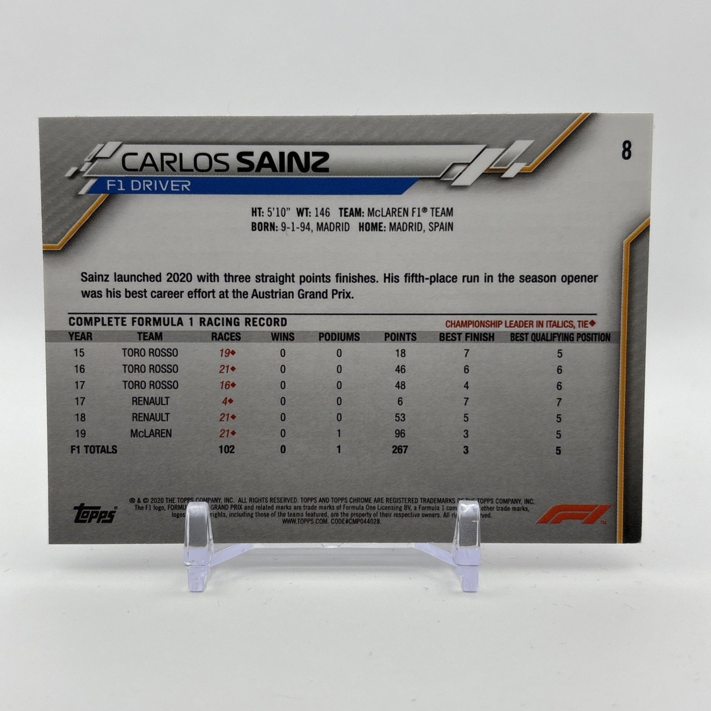 2020 Topps Chrome Formula 1 F1 Racers Carlos Sainz #8 Rookie RC