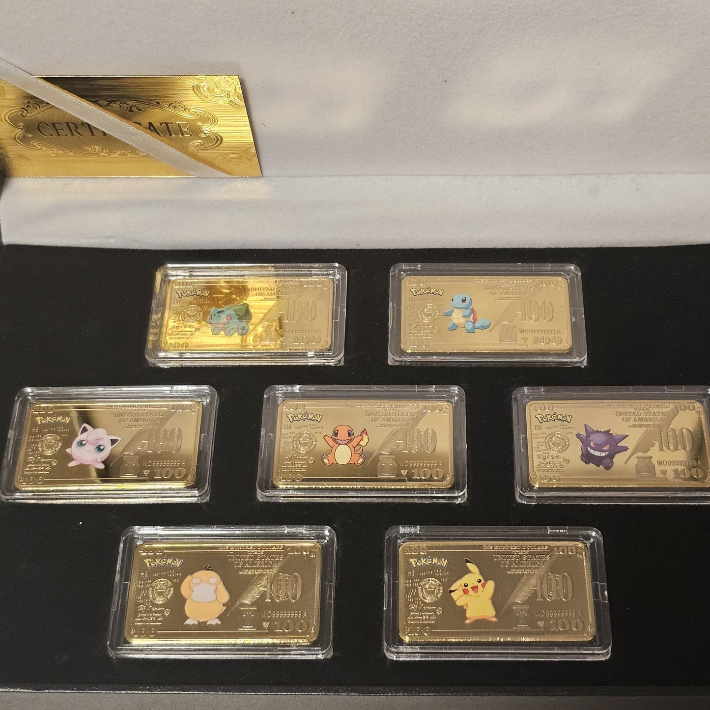 Pokemon 7 Pieces Gold Dollar 1oz Bullion Bar Set (Gold Plated) with Case