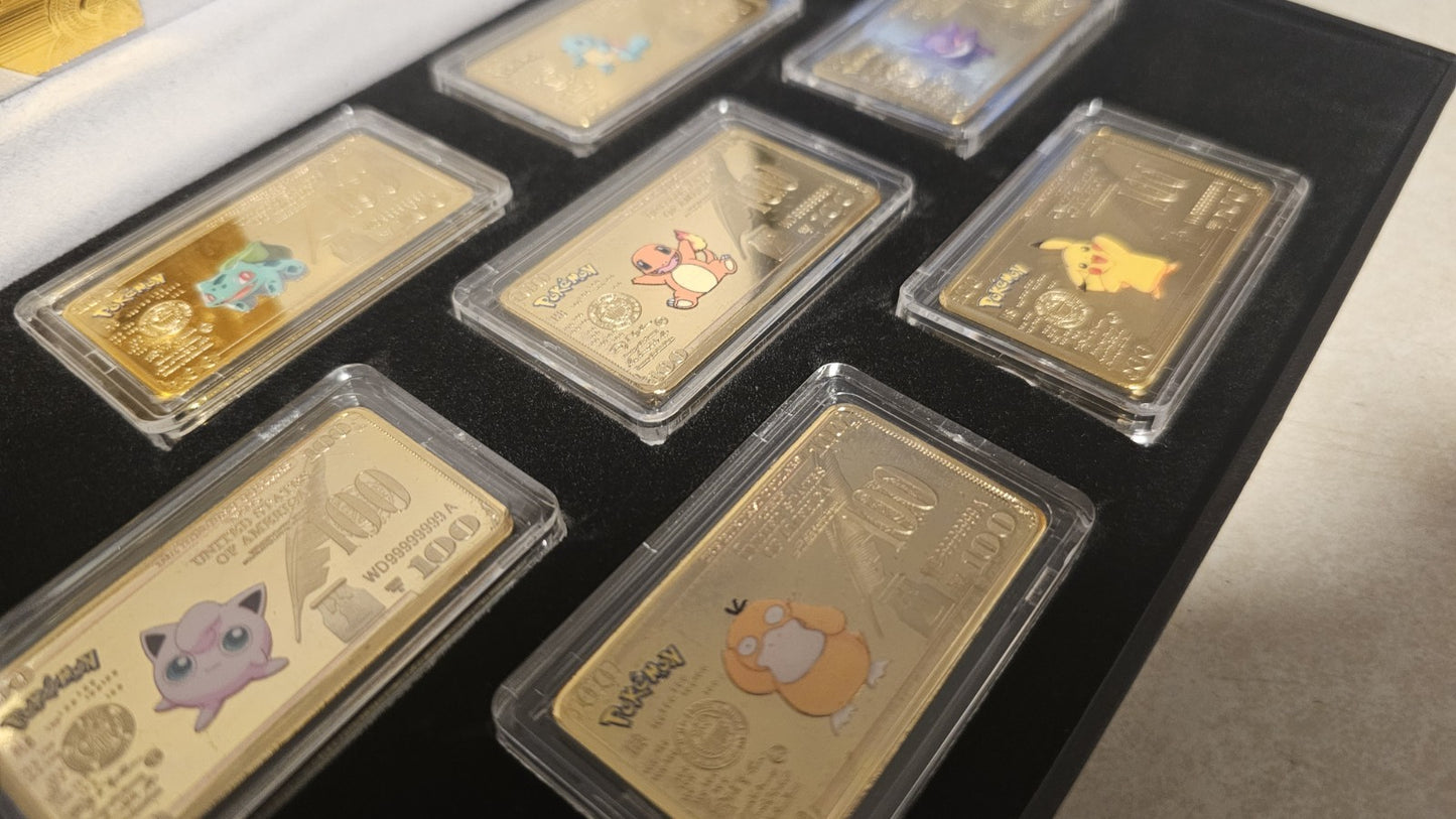 Pokemon 7 Pieces Gold Dollar 1oz Bullion Bar Set (Gold Plated) with Case