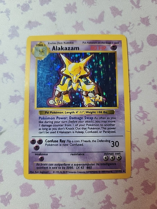 Pokemon Alakazam Base Set Shadowless Holo Rare 1/102 WOTC 1999 LP