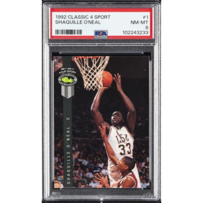 1992 CLASSIC 4 SPORT #1 Shaquille O'Neal PSA 8 NM-MT graded basketball card in PSA slab, LSU action photo