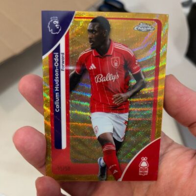 Topps Chrome Callum Hudson Odoi Gold Wave Refractor /50 in Nottingham Forest kit, serial number 05/50 visible on front.