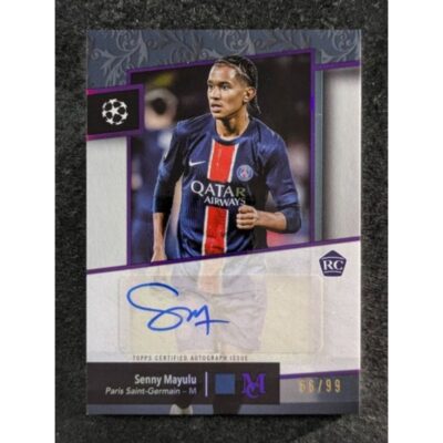 Front of 2024-25 Topps Museum Collection SENNY MAYULU RC autograph card numbered 66/99 in PSG kit with blue-ink signature