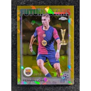 FERMIN LOPEZ Gold Sapphire Future Stars SP 09/50 Topps Chrome UCC soccer card front with Barcelona crest and UCL starball logo