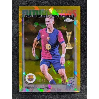 FERMIN LOPEZ Gold Sapphire Future Stars SP 09/50 Topps Chrome UCC soccer card front with Barcelona crest and UCL starball logo